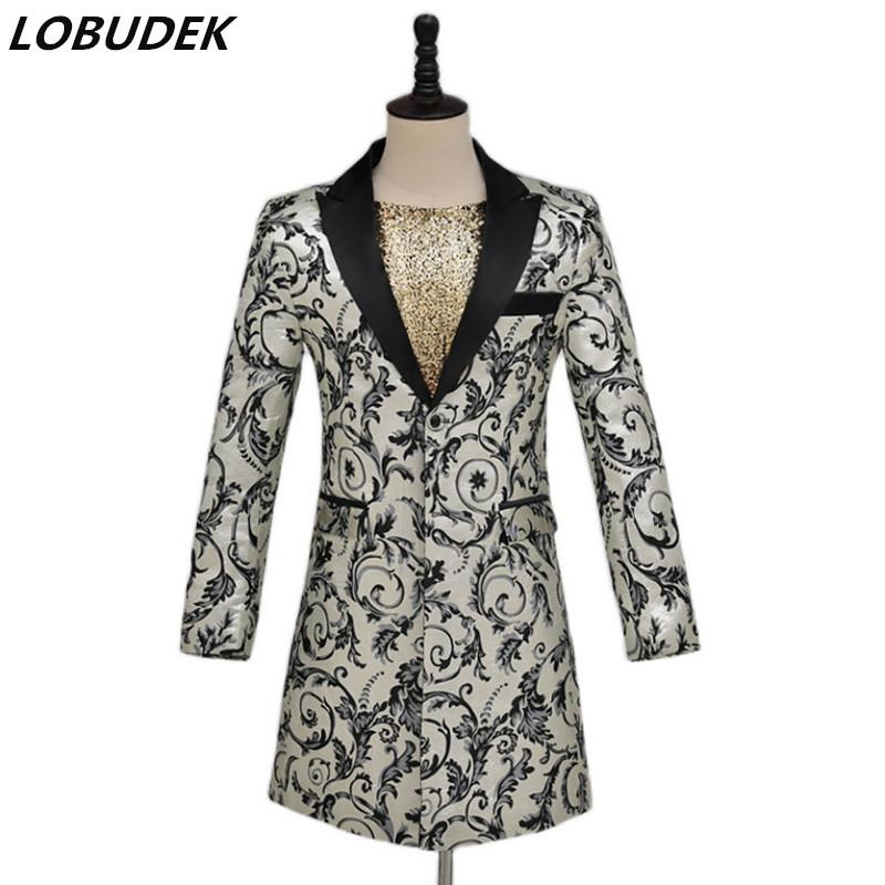 

England Style Men' Vintage Court Jacquard Blazer Long Coat Bar Nightclub Evening Party Singer Host Stage Show Fashion Costume Suits & Blaze, As pic