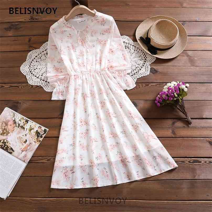 

Autumn Spring Mori Girl Chic Midi Dress Ruffled Lace-up Floral Printed Sweet Party Vestidos Chiffon Elegant Feminine Dresses 210520, Pink