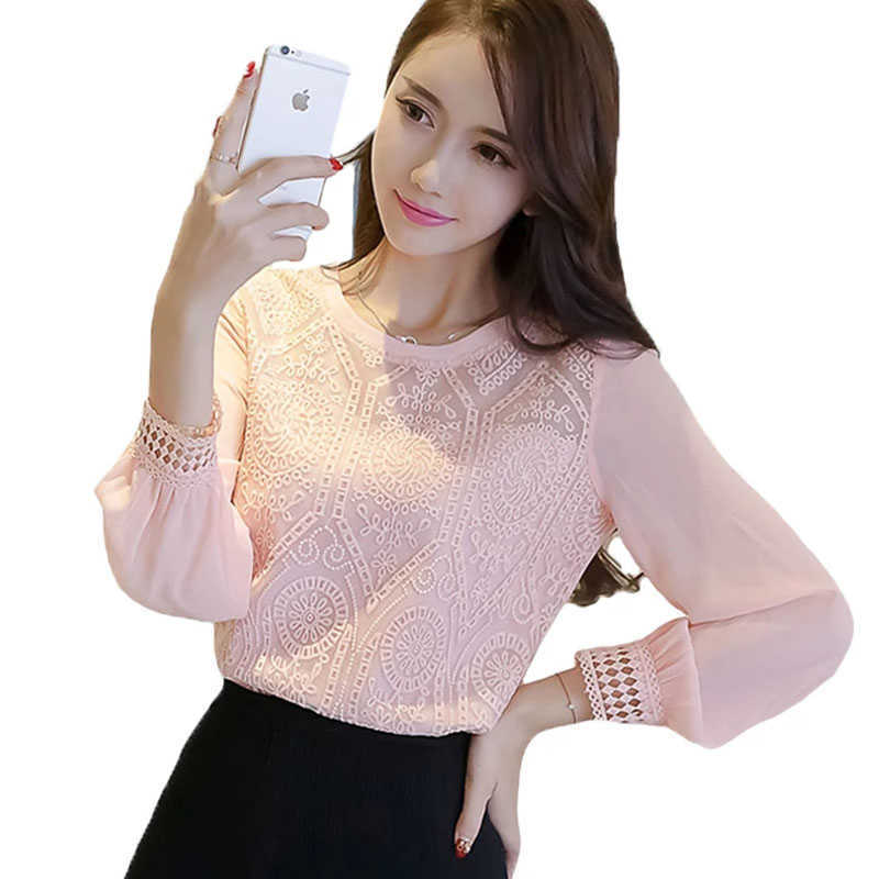

Spring Korean style Women long sleeve Casual Shirt Top quality Patchwork Lace Hollow out Blouse Tops DF2244 210609, White