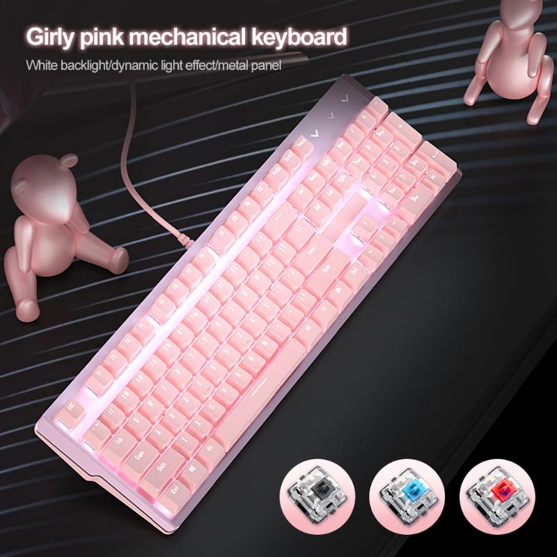 

Keyboards Pink Mechanical Gaming Keyboard 104 Keys USB Wired With LED Backlight Light Blue/Red Switch Teclado For PC/Laptop