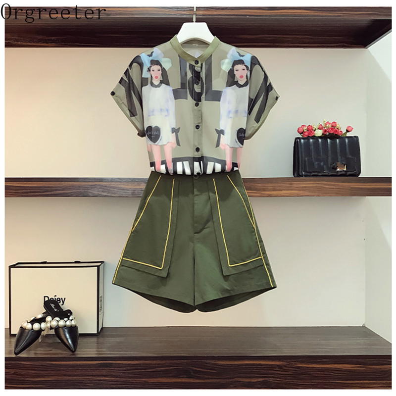 

Army Green Women' Suits Summer Print Chiffon Blouse Shirt With Double Pocket Wide leg Shorts Two piece set Female 210525