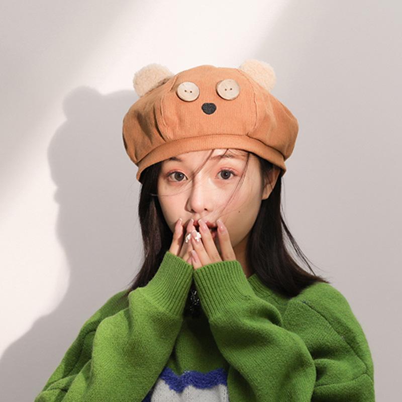 

Beanies Female Autumn And Winter Cute Bear Ear Buttons Corduroy Beret Retro Painter Hat Solid Color Korean Style Harajuku Bonnet Caps