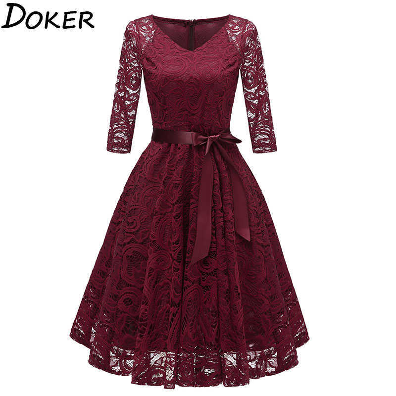 

Elegant Lace Evening Party Dres V-neck 3/4 Sleeve Sashes Ladies Vintage Big Swing Midi 210604, Champagne