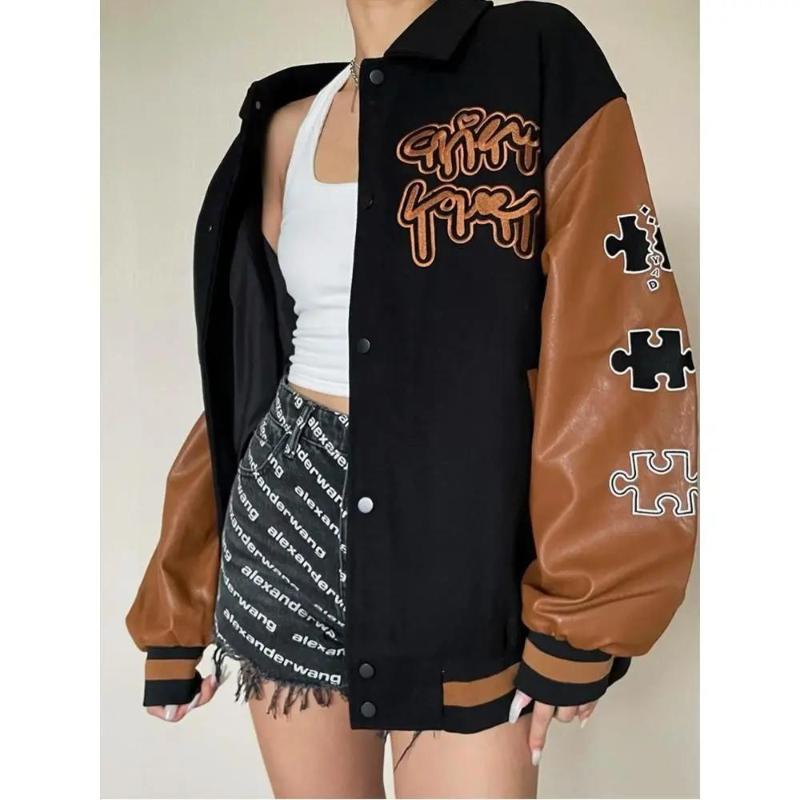 

Women' Jackets Winter Couples Streetwear Brown Leather Color Block Baseball Uniform Women Oversized Punk Letter Embroidery Korean Coats, Style2 coats