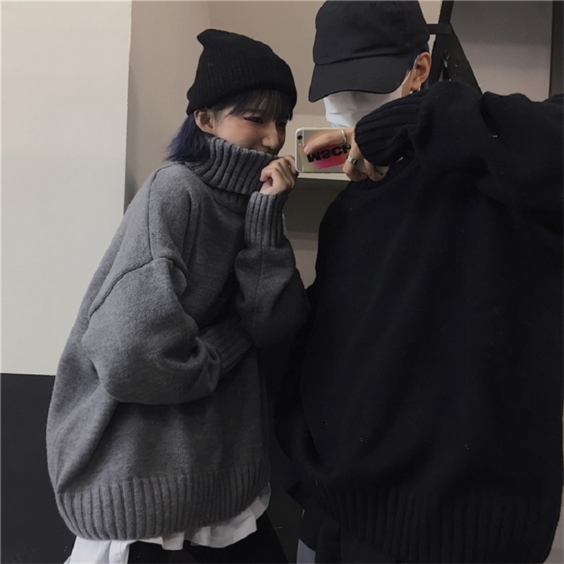

Turtleneck Knitted Sweater Korean Women Streetwear Harajuku Gothic Style Solid Loose Knit Vintage 210519, Dark gray