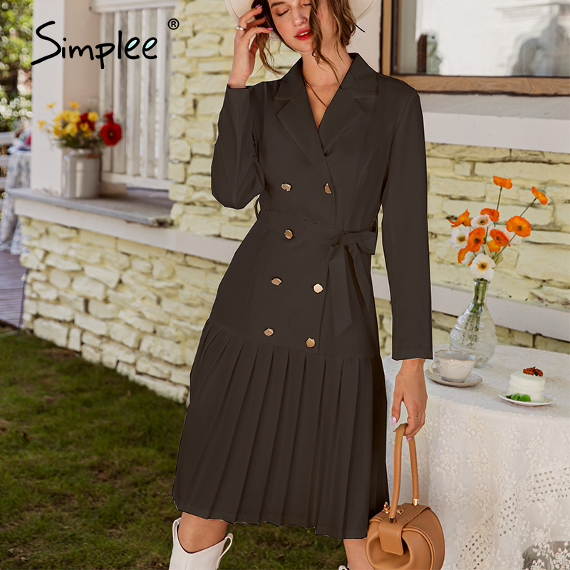 

2021simplee vintage pleated belt dress women notched a-line long sleeve midi office dress patchwork bottom white dress autumn 2021, Black;gray