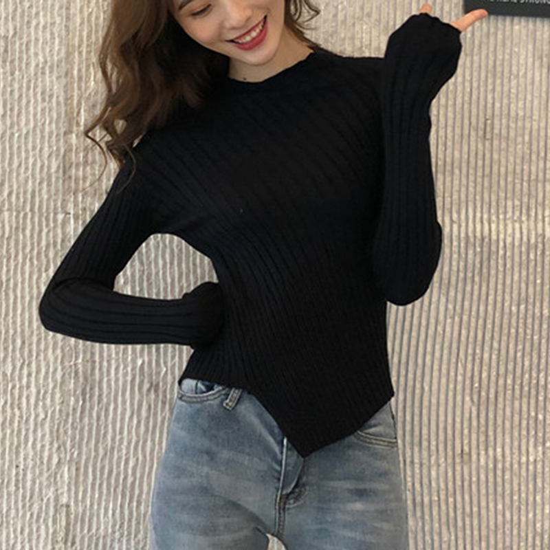 

Woman Casual Solid Color Long Sleeve Sweater Womens Bottoming Sweaters Jumper Autumn Winter Knitted Tops Pullover, Black