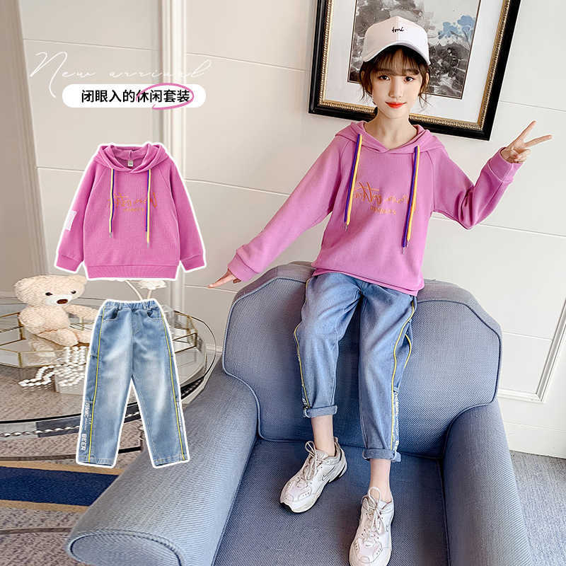

Children's Sweater Set Girls autumn 2021 Korean lace up hooded children's jeans two piece set, Pink