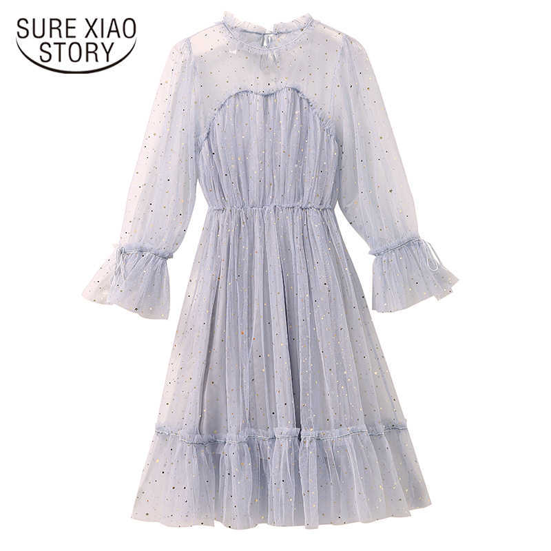 

Spring Autumn Mesh Flare Sleeve A Line Dress Elastic Waist Elegant Dress Women Printing Party Vestidos Fashion Chic 12240 210527, Haze blue