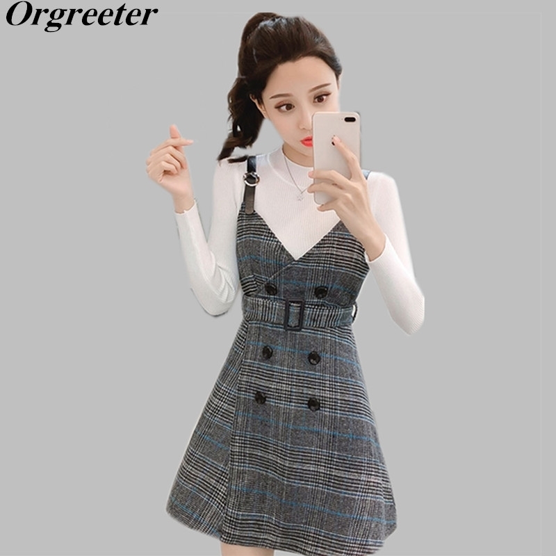 

Fashion Autumn Women's Long Sleeve White/Black Knit Tops + V-neck Plaid Tweed Sling Dress Ladies Sweater 2 Pieces Set 210525, White and khaki set