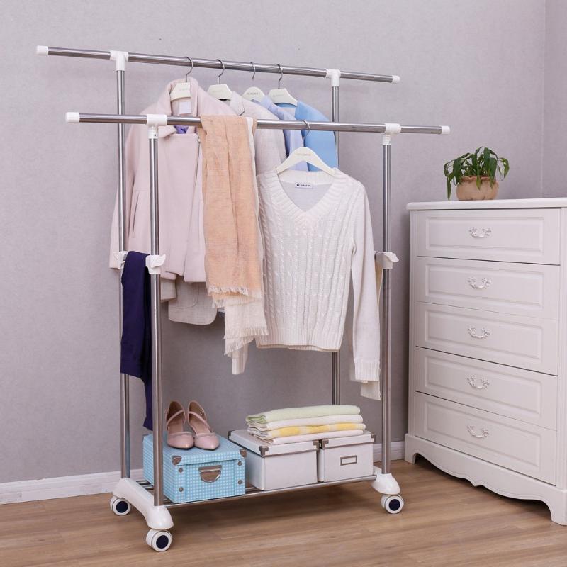 

Clothing & Wardrobe Storage Double Rail Garment Rolling Rack Hall Stand Adjustable Clothes Drying Rod Holder With Wheel DQ1701
