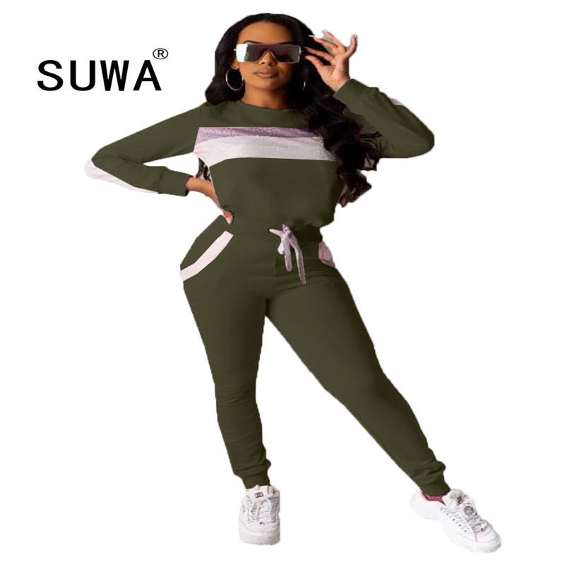 

High Street Fashion Tracksuit Women Two Piece Set Long Sleeve Pullover Top + Empire Trousers Sport Sexy Fitness Wear 210525, Pink