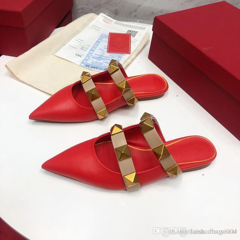 

A3 iduzi Top Leather Designer Womens Flat Slippers Fashion Oversized Golden Rivets Sexy Ladies Slides Sandals Wedding Party Mules Shoes, Black