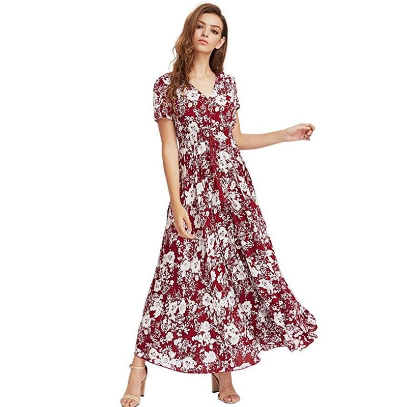 

loral Print Flowy Evening Party Female Long Dresses Vestidos, White;black