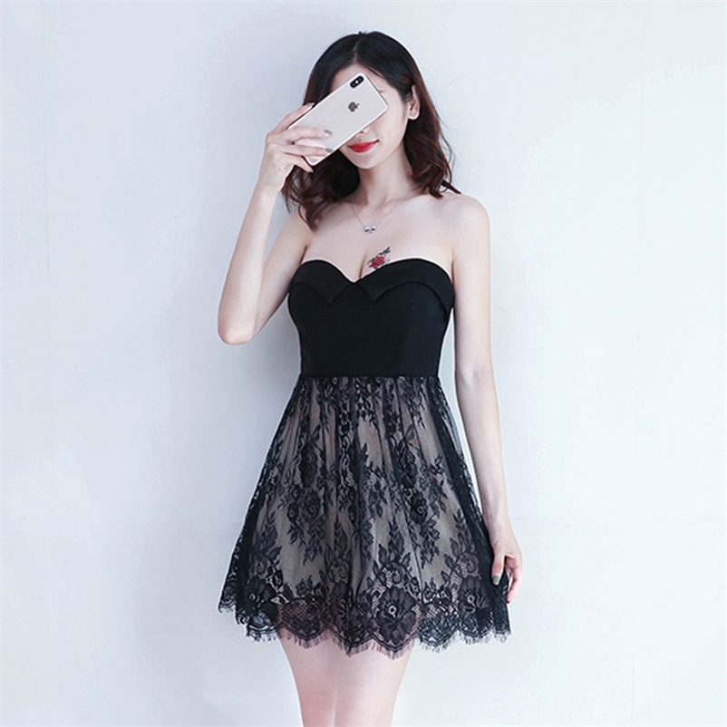 

Nightclub women's waist low-cut deep V tube top sexy dress Office Lady Lace Polyester Sheath Sleeveless Zippers 210603, Black