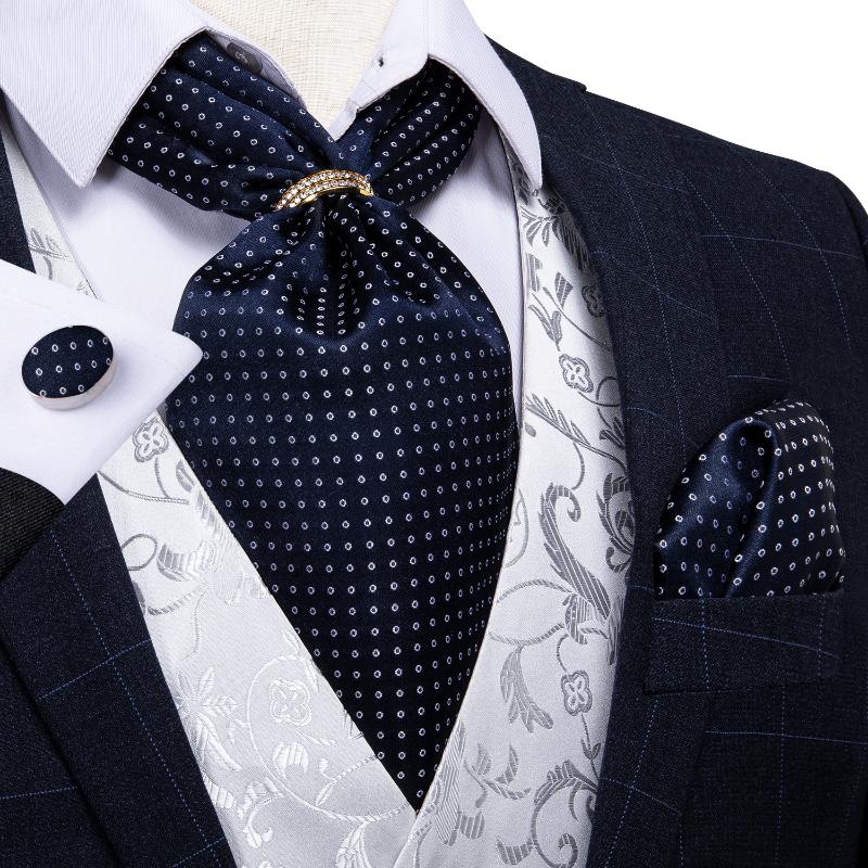 

Bow Ties Design Men Silk Cravat Navy Dot Formal Ascot Tie Handkerchief Set With Ring Wedding Self Necktie DiBanGu