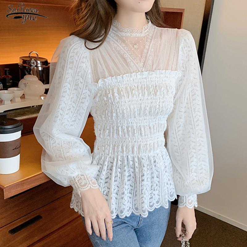 

Women's Blouses & Shirts Sweet Stand Collar Women Lace Blouse Mesh Pleated Ladies Chiffon Shirt Spring Long Sleeve Slim-fit Top Female Cloth, White
