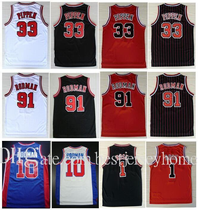

College Wears Embroidery 33# Scottie Pippen Shirt Mens Basketball Jerseys Red White Black Stripe 91# Dennis Rodman Jersey Stitched S