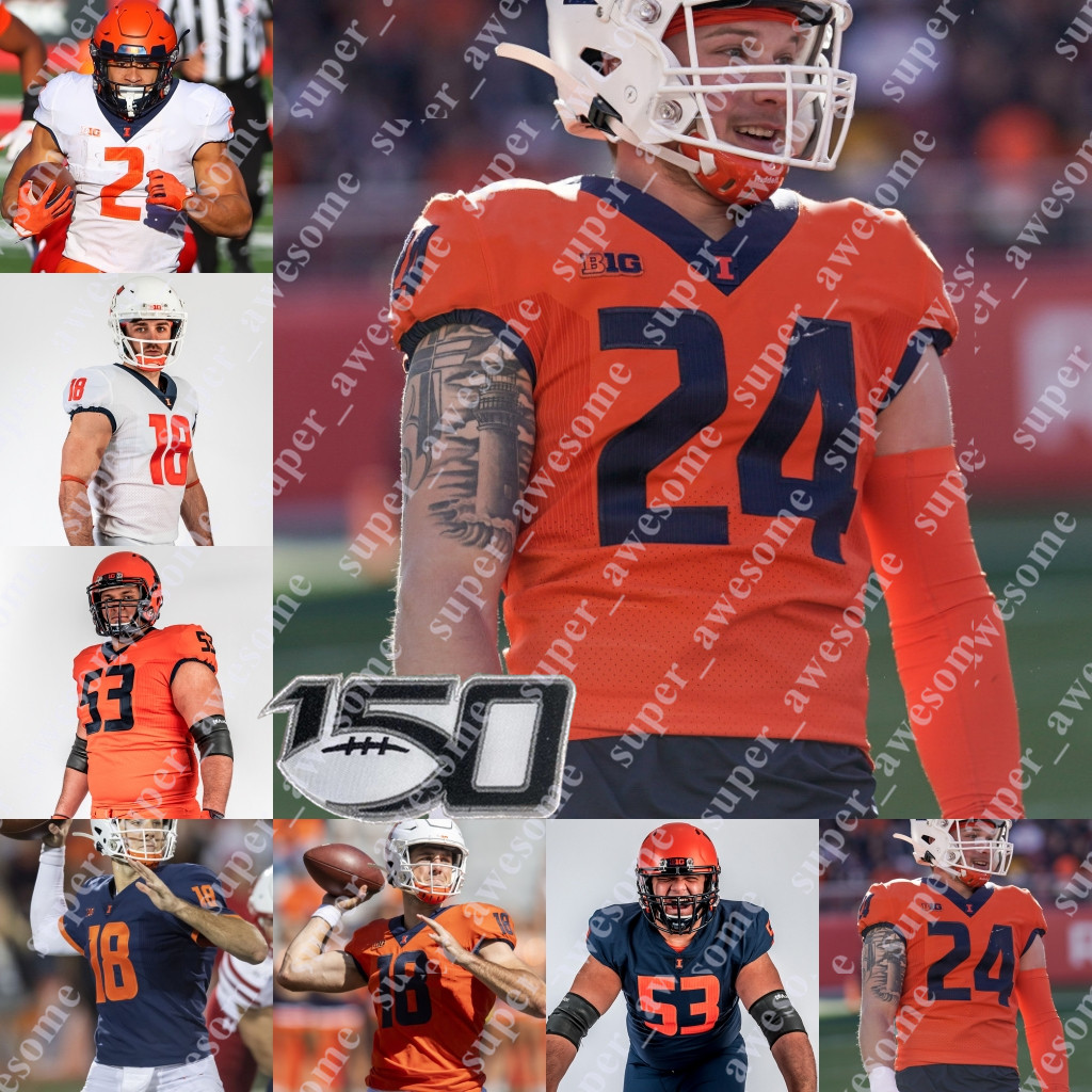 

NCAA Illinois Football Jersey Chase Hayden Donny Navarro Jartavius Martin Jake Hansen Kerby Joseph Devon Witherspoon Roderick Perry II Seth Coleman Prather Hudson, Navy-150th