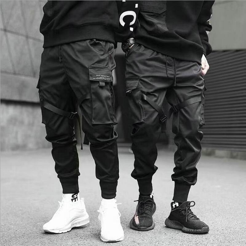 

Men's Pants Ribbons Harem Joggers Men Cargo Streetwear 2021 Hip Hop Casual Pockets Cotton Track Male Harajuku Fashion Trousers, Black