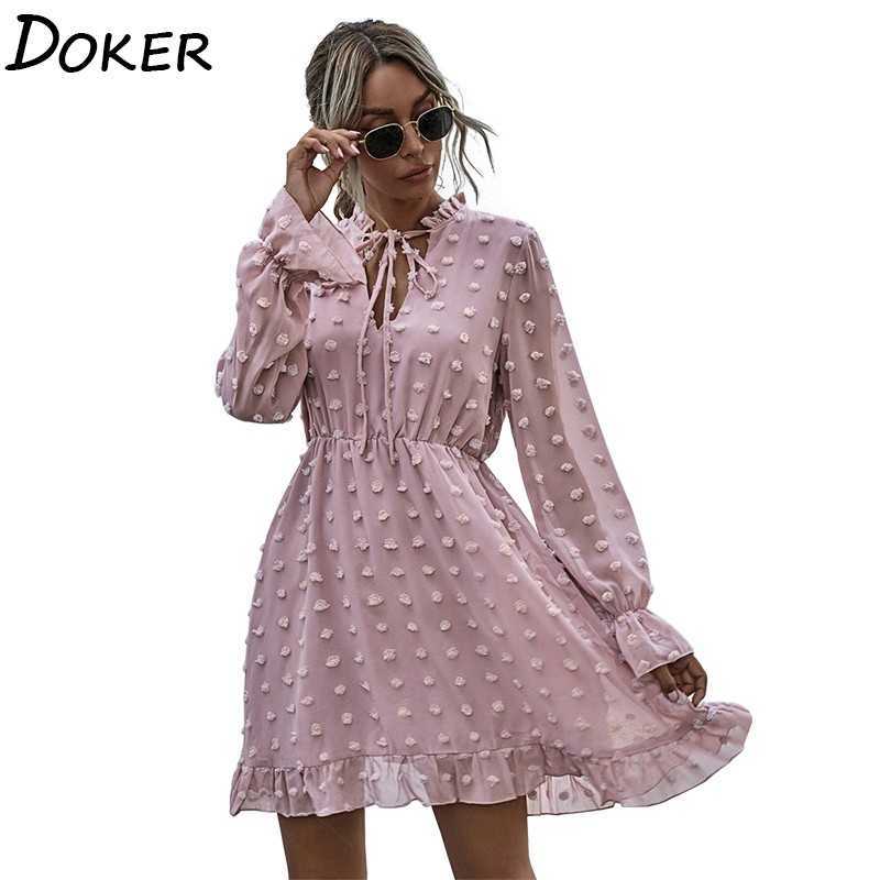 

Chiffon Dress Mini Women Fashion V Neck Lace Up Flare Long Sleeve Elegant Ladies es Plus Size Casual Boho Beach 210604, Pink