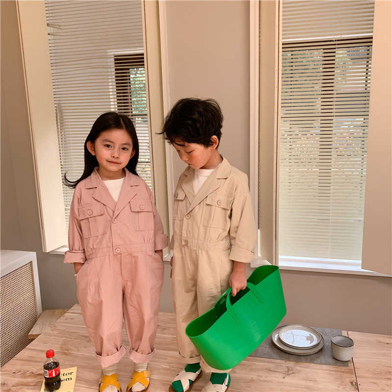 

Korean style boys and girls solid color casual bodysuits 2-7Y unisex kids cotton turndown collar long sleeve loose s 210615, Pink