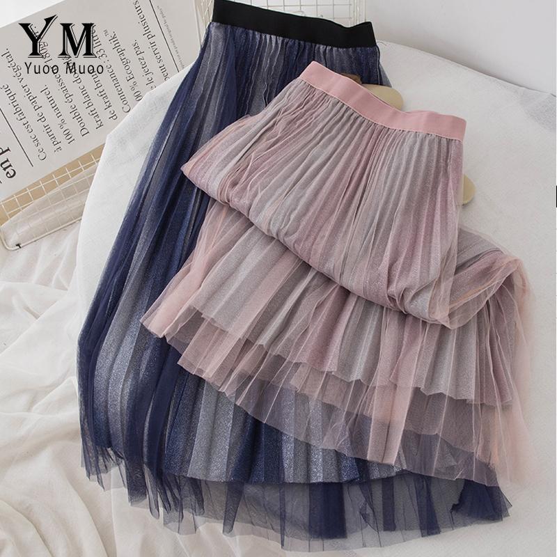 

Skirts YuooMuoo High Quality Long Tulle Skirt Women 2021 Summer Gradient Elastic Waist Mesh Elegant Festival Pleated, Black