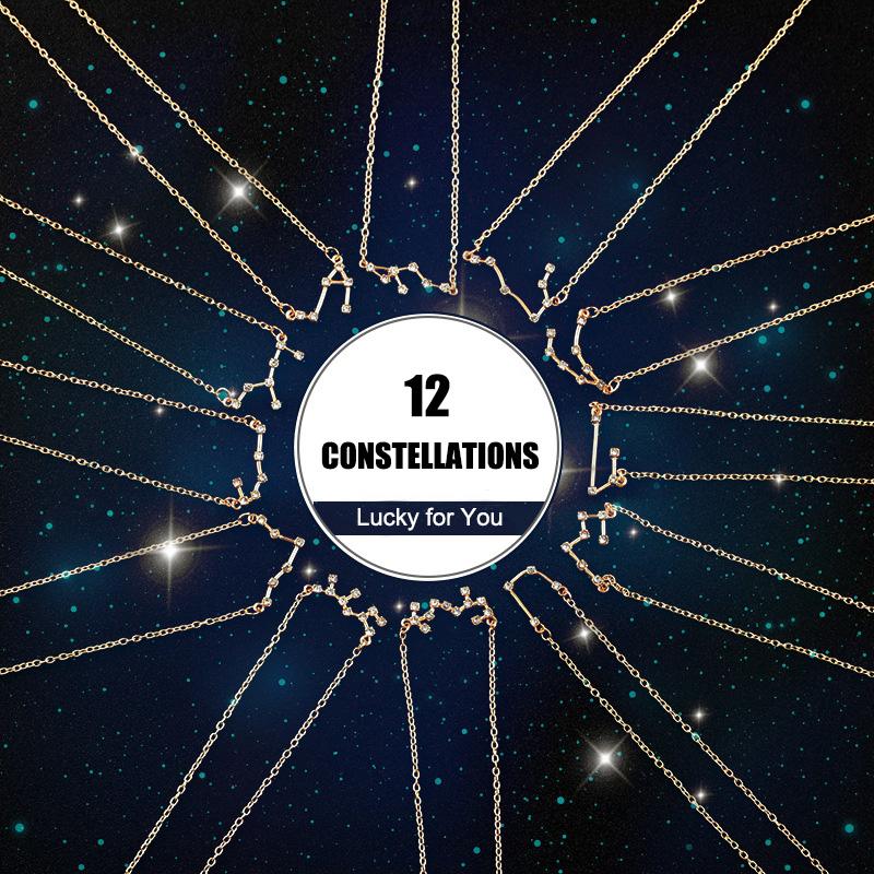 

Pendant Necklaces 12 Zodiac Constellation Rhinestone Zircon Necklace For Women Copper Clavicle Long Chain Couple Jewelry QW30