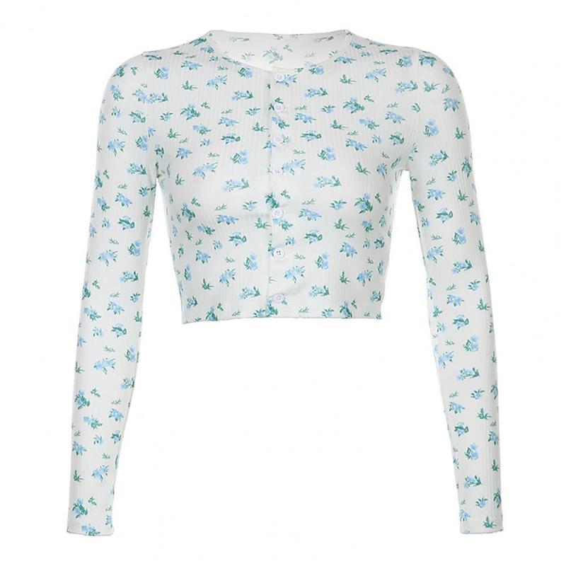 

Women Floral Print Single-breasted Long Sleeve O Neck Blouse T-shirt Crop Top Women, Blue