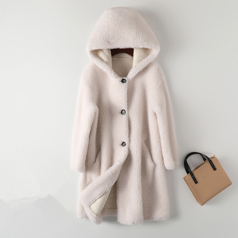 

Women Winter Lamb Fur Coat Female Korean Hooded Granule Sheep Shearing Jacket Loose Mid-Length Warm Outerwear Ladies H1693, White