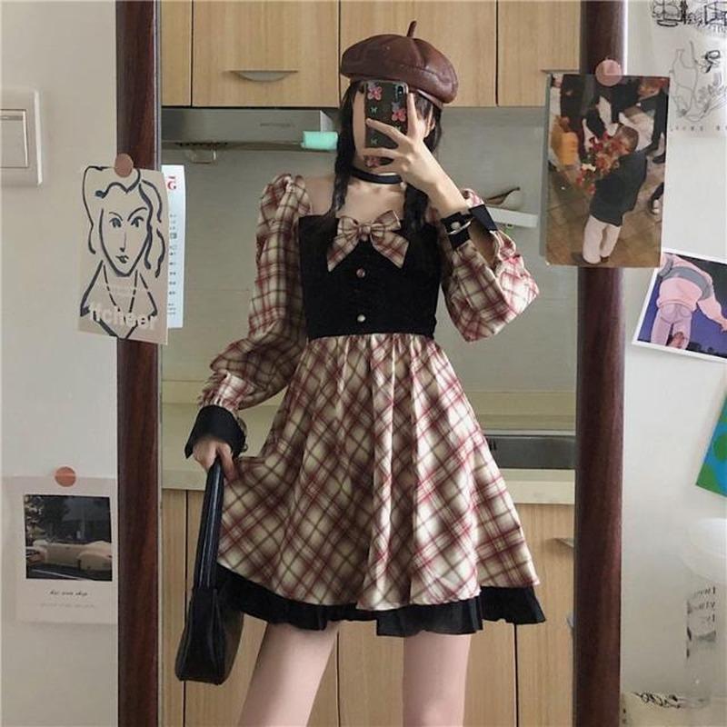

Gothic Lolita Dress Plaid Kawaii Vintage Puff Sleeve Cute Women Sweets From Japan Party Mini 2021 Spring Casual Dresses, Red