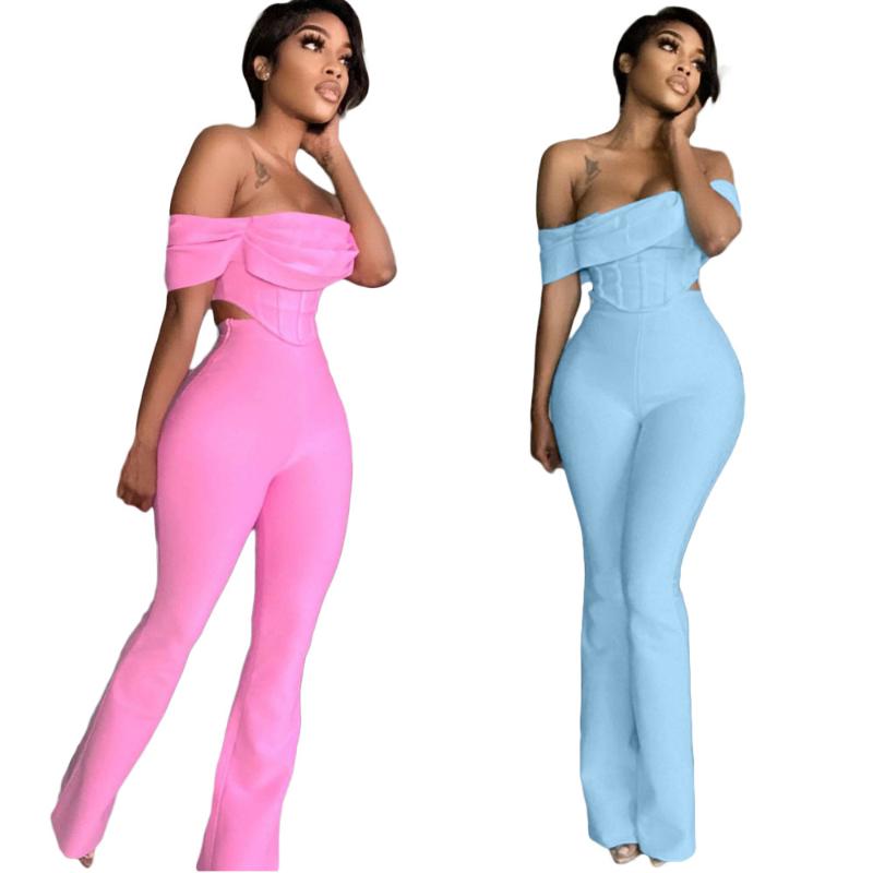 

Women' Two Piece Pants SUJYing Fashion Casual Solid Slash Neck Folding Chest Wrapped Top Flared Two-piece Dress, Pink