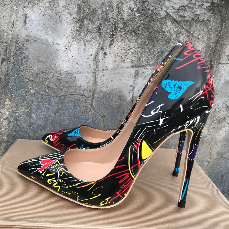 

Fashion 2021 Women Shoes Pumps 12cm Heel Sexy Color Graffiti High Heels Lady Boots Sandals Print Patent Leather Pointed shallow mout Banquet Party 10cm 8cm big size 45, Heel 12cm