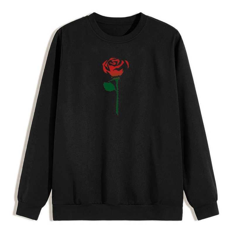 

hoodiesAutumn rose print round neck sweater men's top, Black