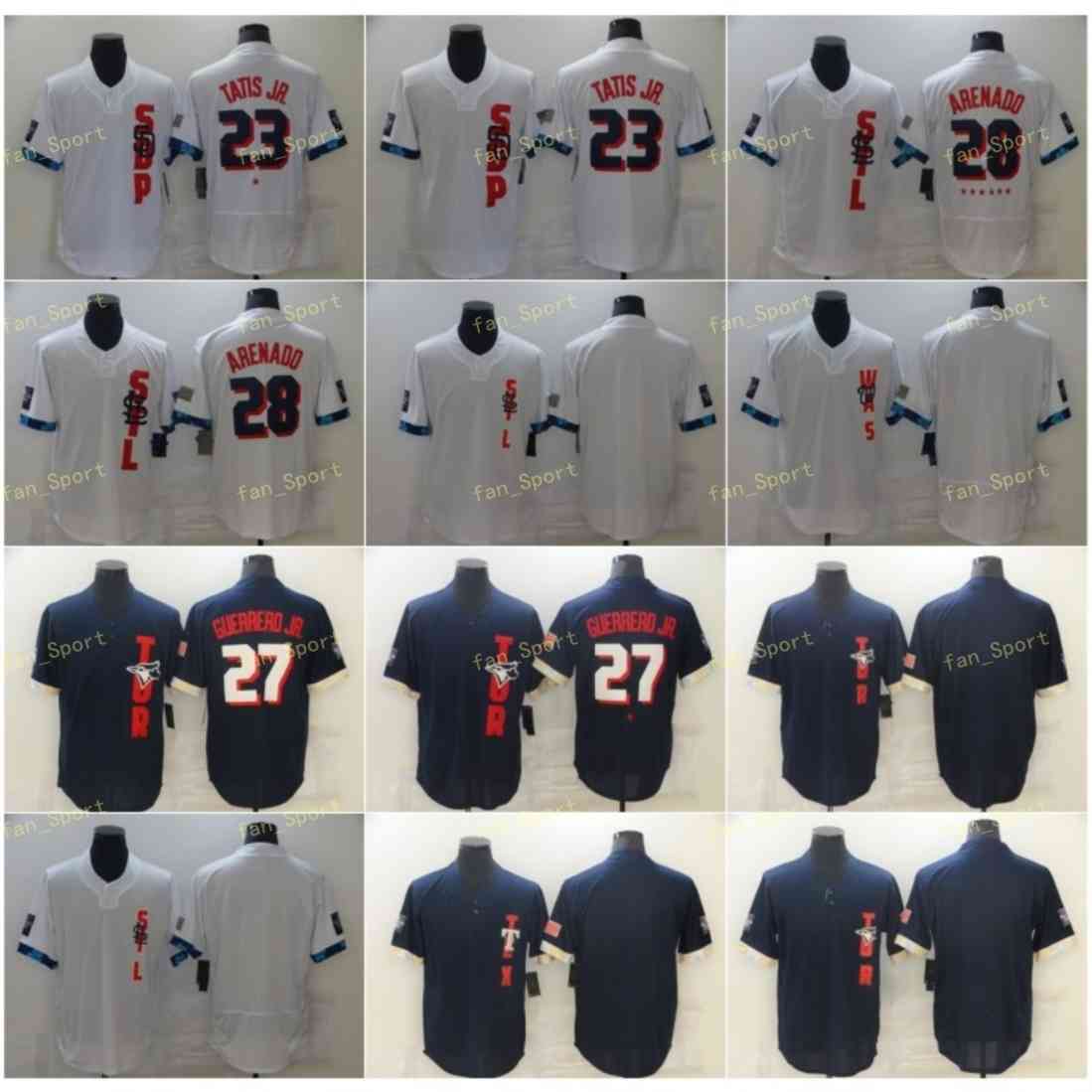 

2021 All Star 23 Fernando Tatis Jr Baseball Jerseys 28 Nolan Arenado 27 Vladimir Guerrero Jr Cool Base Flexbase White Blue Stitched, Blue;black