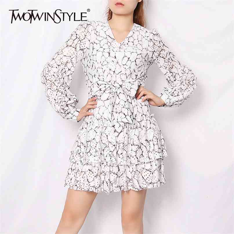 

Print Patchwork Bowknot Dress For Women V Neck Lantern Sleeve High Waist Mini Dresses Female Summer Fashion 210520, As picture