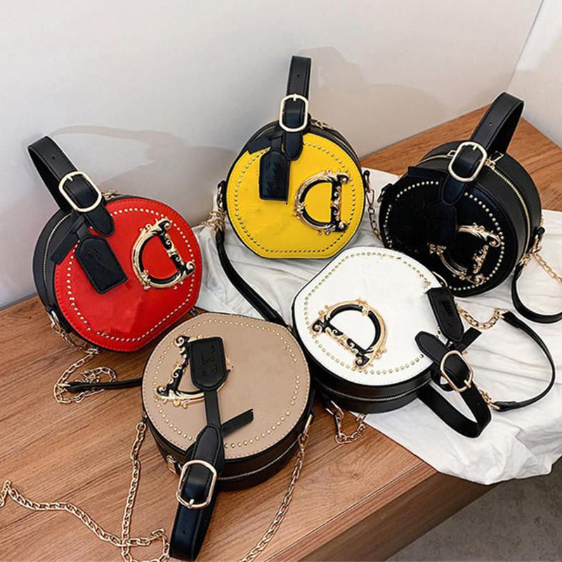 

Fashion Letter Shoulder Bags Women Girls Handbag PU Leather Round Totes With Chain Crossbody Messager Bag Outdoor Travel Phone Pouch Purse 7 Colors, Black