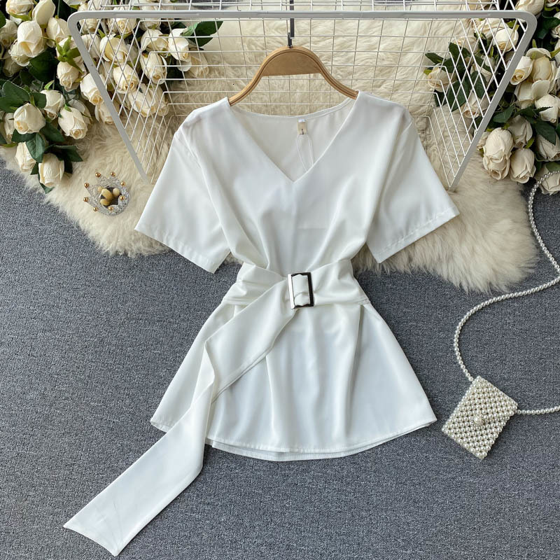 Women&#039;s Jumpsuits & Rompers Shirt White Black Short Sleeve V-neck Summer Blouse 2021 New Korean Fashion Belted Casual Work Office-image-700494245