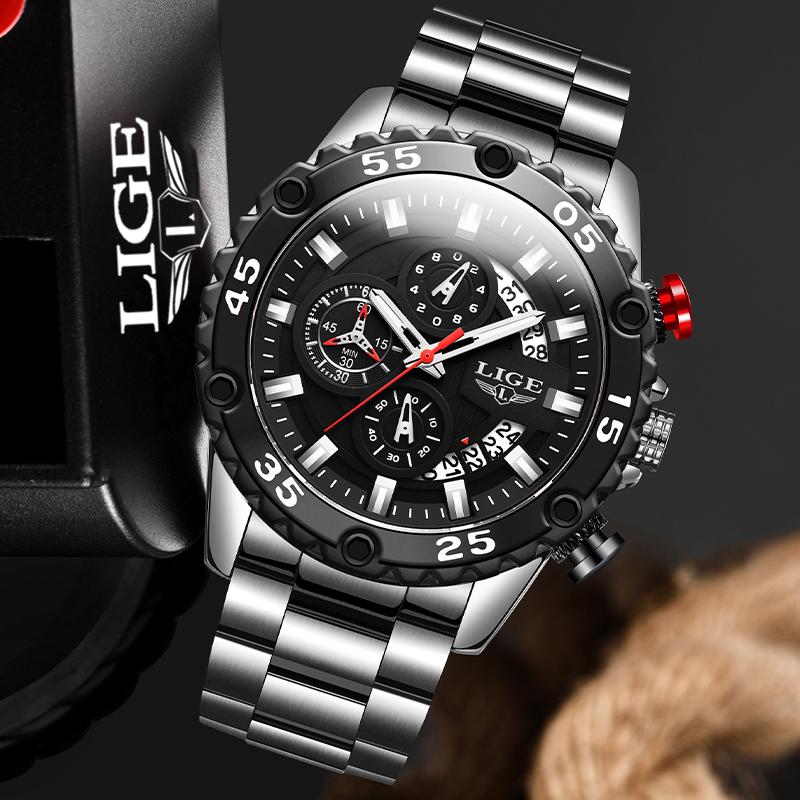 

Wristwatches Mens Watches Top LIGE Fashion Watch Men Waterproof Sport Quartz Style Men's All Steel Big Dial Calendar Clock, Slivery;brown