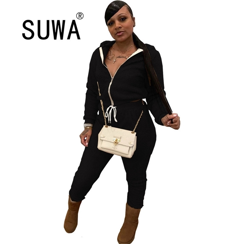 

Solid Color Fall Winter Clothes Hairy Two Piece Pants Sets Women Casual Outfits Zipper Long Sleeve Coats High Waisted Trousers 210525, Pink
