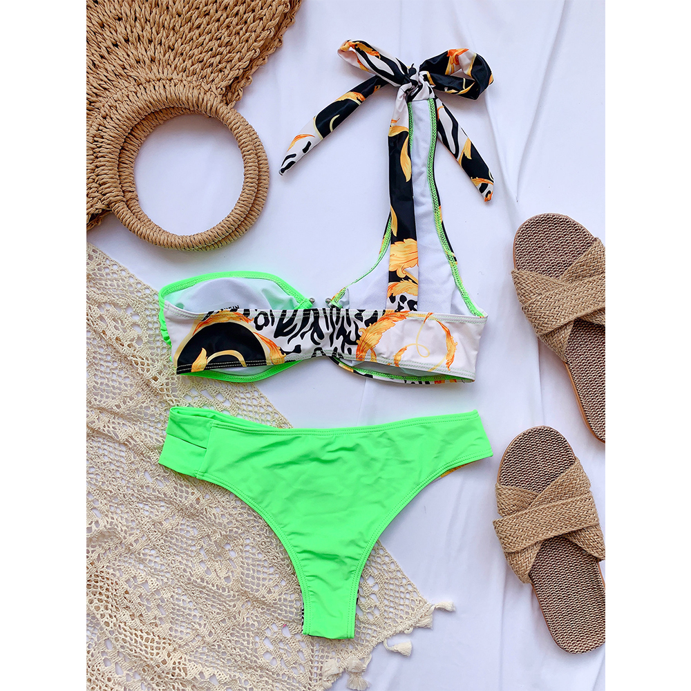 

2021 Sexy Print Bikini Women One Shoulder Swimsuit Patchwork Bikini Set Bandage Swimwear Female Bathing Suits Summer Beach Wearswimwear Bath