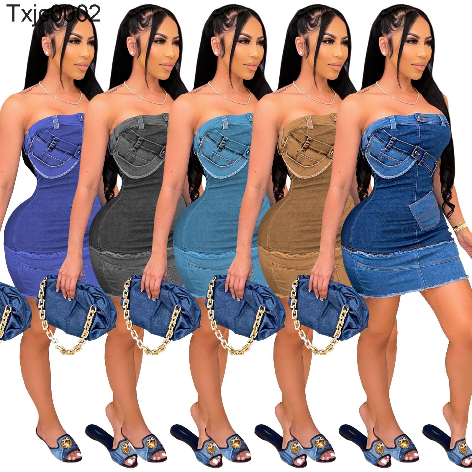 

Women Dress Designer Slim Sexy Off Shoulder Summer Digital Positioning Burnt Out Bra Sleeveless Denim Dresses Tobe Top One Piece Dress -XXL, Blue