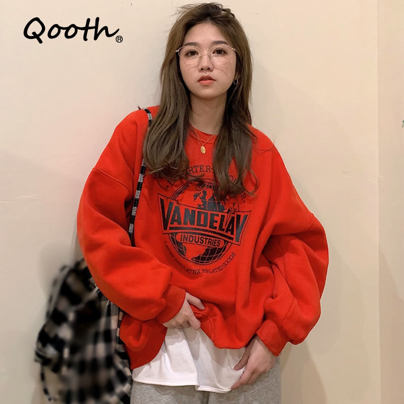 

Qooth Spring Sweatshirts Loose Letter Medium Length Full Sleeve Coat O Neck Casual Woman Pullovers Student Tops QT429 210518, Black