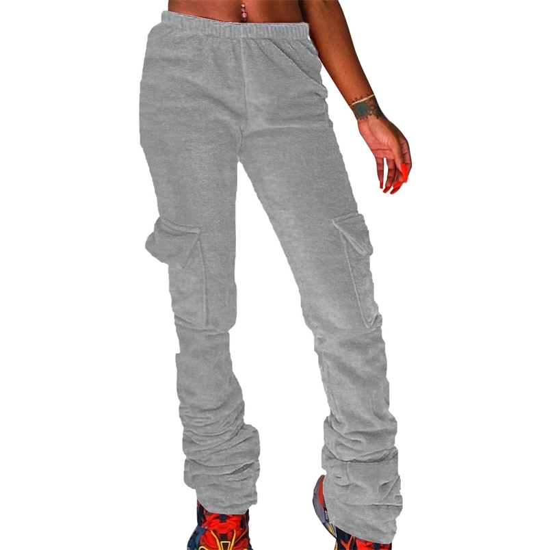 

Pants Womens Autumn Thicken Low Waist Side Leg Pocket Stacked Joggers Sweatpants Female Casual Pantalones Mujer Invierno De Moda 210604, Gray