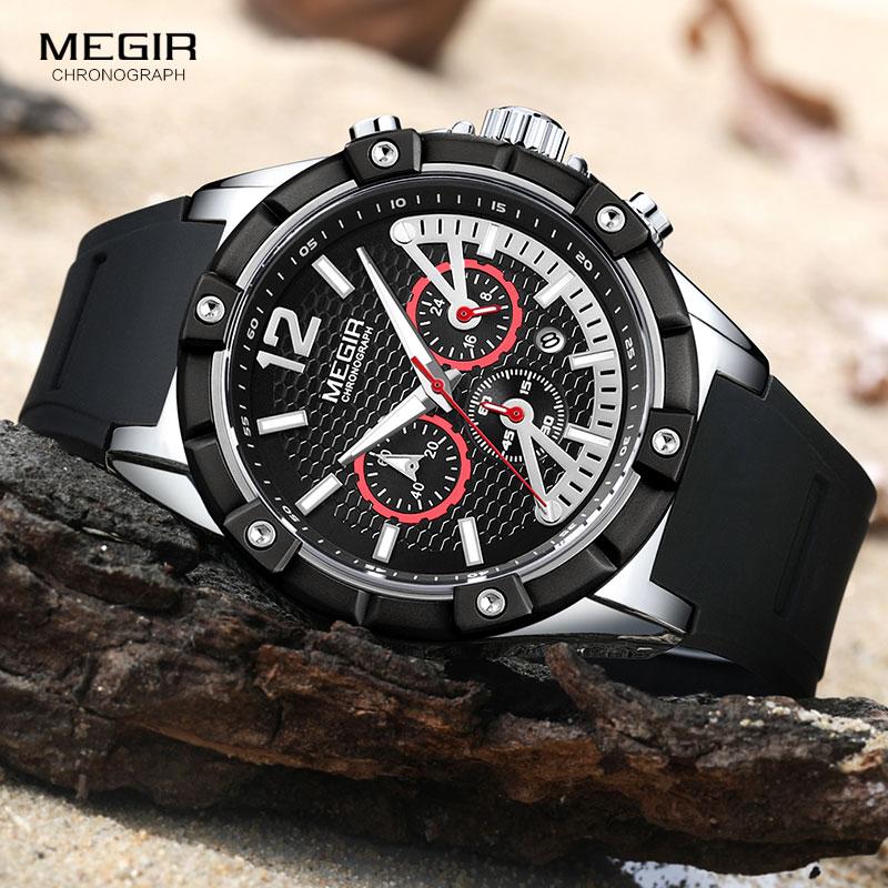 

Wristwatches Megir Sports Silicone Chronograph Quartz Wrist Watches For Men Man's Waterproof 24 Hours Clock Relogios Masculinos 2083GS-BK-1, Mn2083g-silver-black