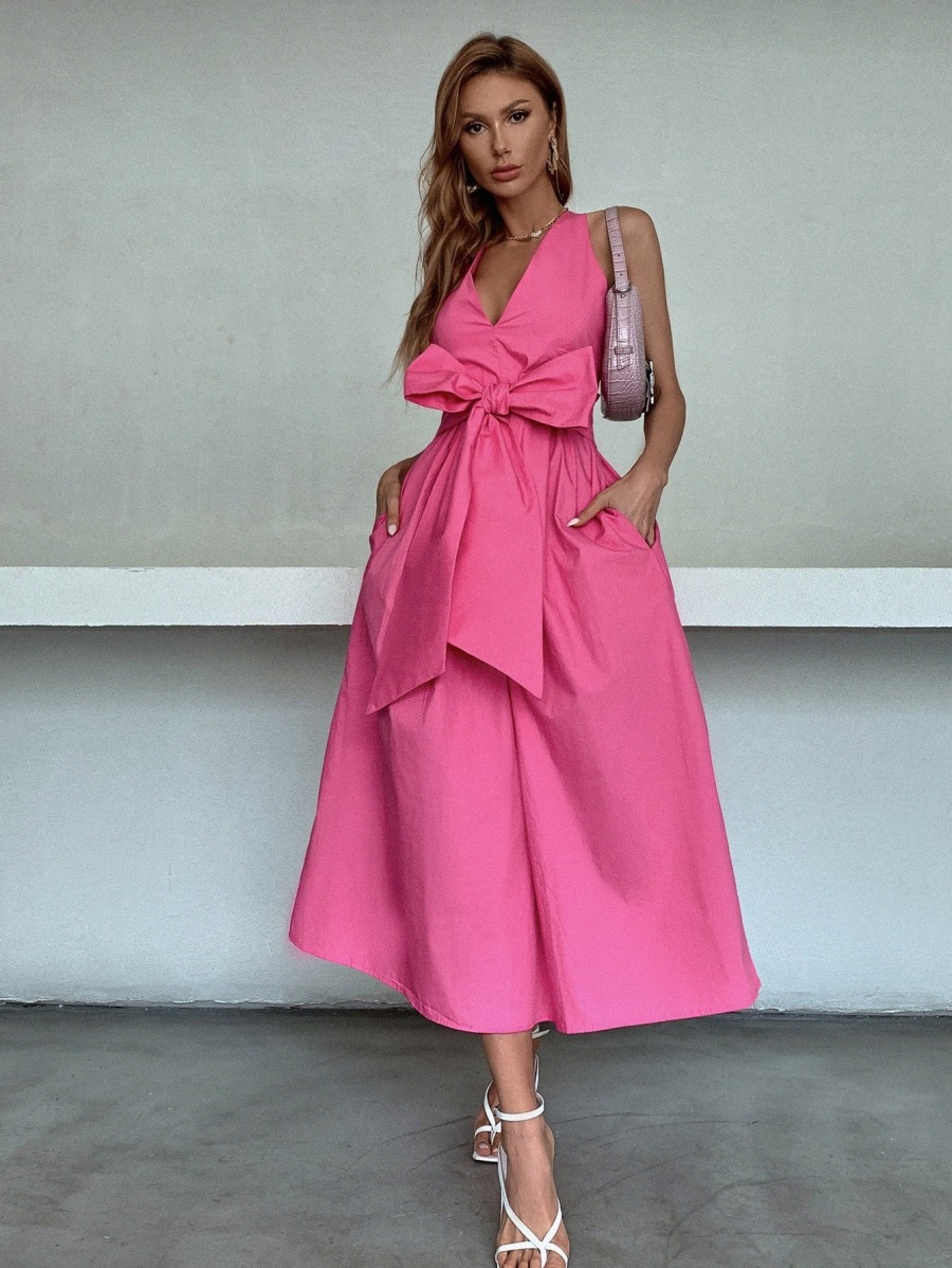 

Big Bow Front Hidden Pocket Backless Dress A1NG#, Hot pink