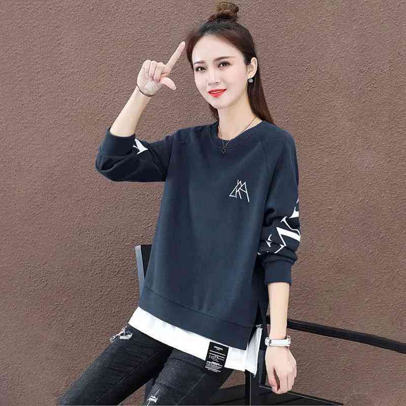 

2021 large lazy wind cotton sweater women's autumn and winter new Pullover loose fake two-piece long sleeved ins top fashion, Black