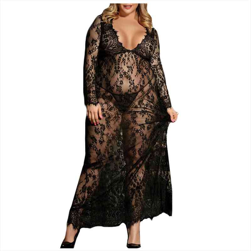 

Plus Size Womens Nightie See Through Lace Sexy Night Dress V Neck Mesh Nightgown Lingerie Femme Sexy Sleepwear Long Gowns, Black;red
