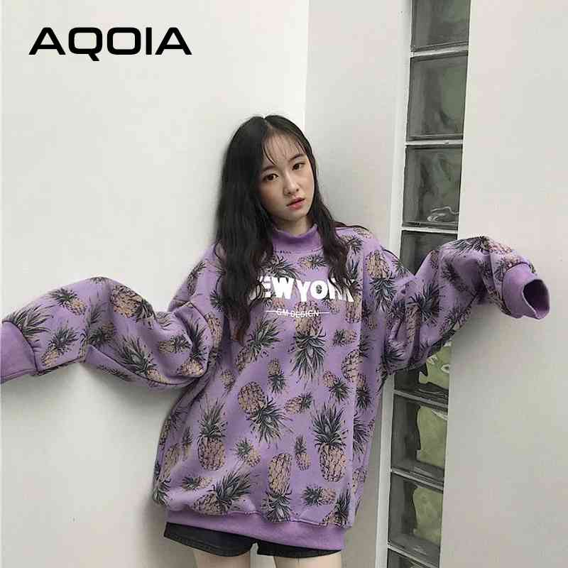 

Autumn Korean style pineapple Printing Women Hoodies Sweatshirt Oversize Sweatshirts Turtleneck Plus Size Female Pullovers 210521, Yellow
