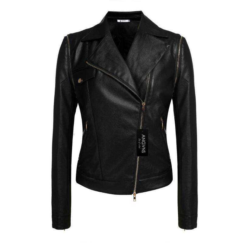 

Women's Leather & Faux Angvns Women Fashion Lady Cool Detachable Sleeve PU Bike Jacket Coat Outerwear Casual Solid Regular Front Zipper, Black